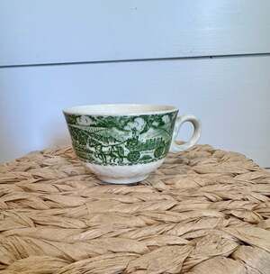 Pastoral Flat Cup by Homer Laughlin Green Transferware Country Scene